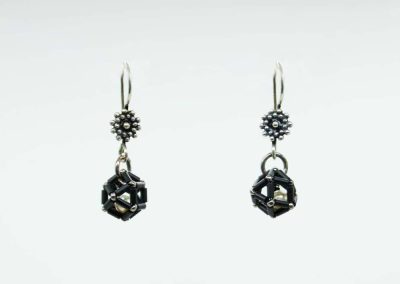 Pendientes epsilon simples con perla enjaulada en negro de frente